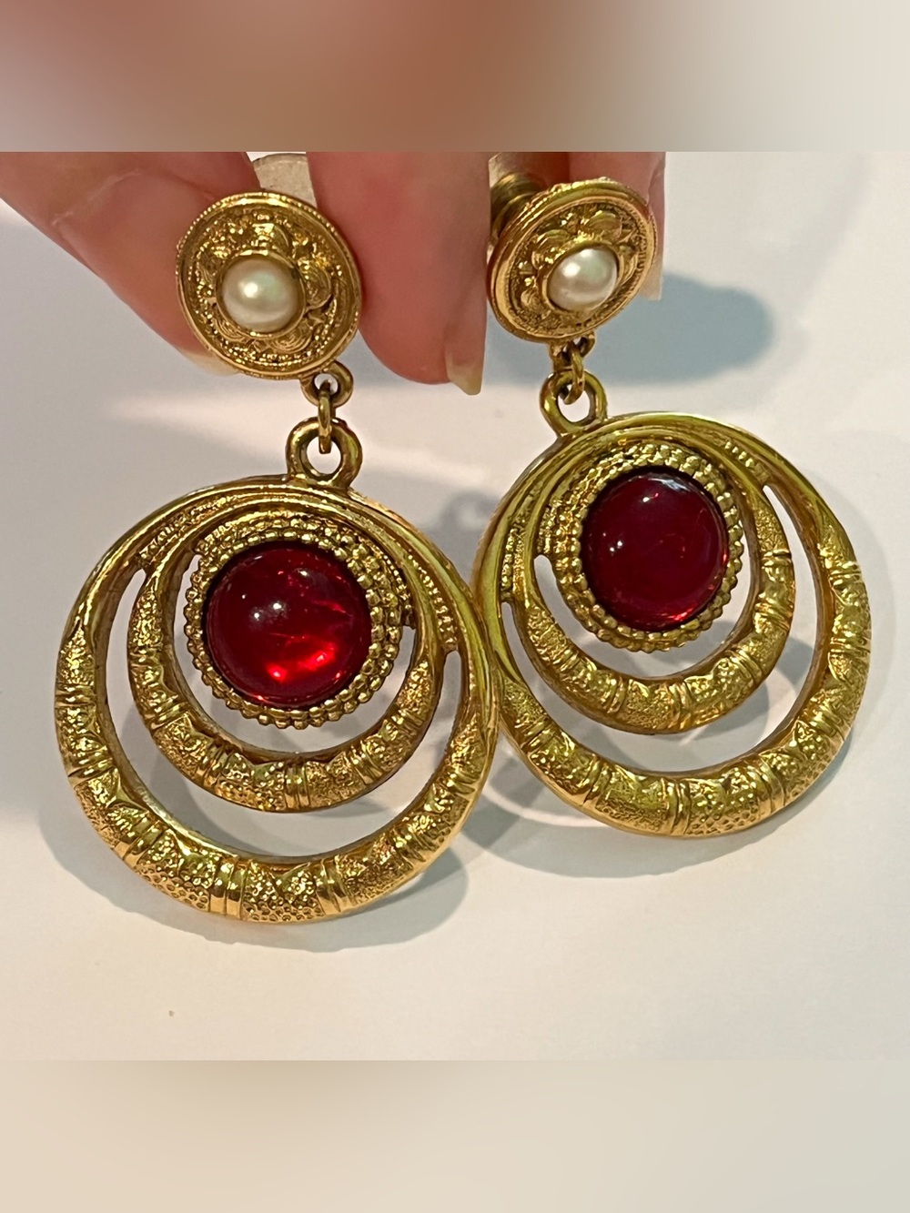 Vintage Gripoix Style Earrings Red Cabochon Pearl Dangle Drop Etruscan Statement
